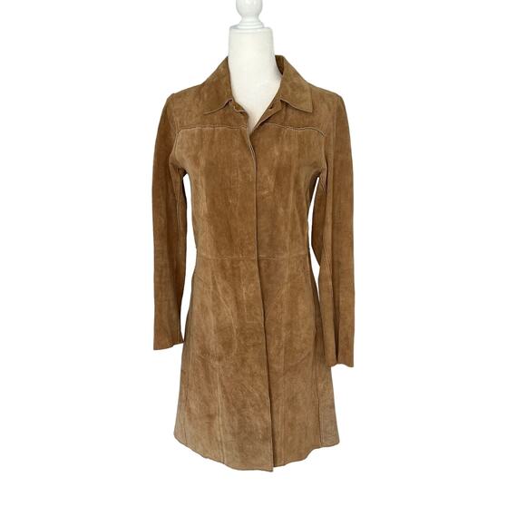 Guess Brown Leather Suede Long Duster Coat Buttons Small Western Cowgirl - Picture 1 of 6